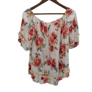 Vanilla Bay Womens L Ivory Floral Boho Peasant Tassel Fringe Cottagecore Top